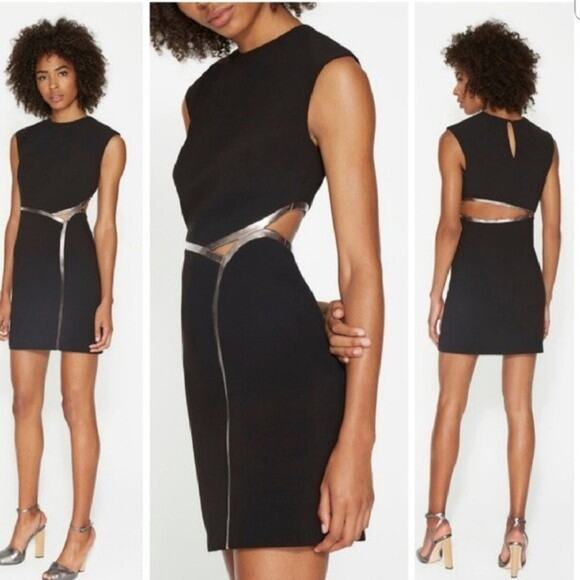 Halston Heritage Dress Womens 4 Black Silver Sleeveless Mini Cut Outs Sheath - Picture 1 of 12